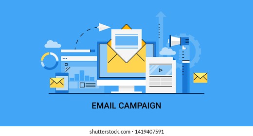 Digital marketing, Email Strategy, Content advertising, Email campaign, flat line vector illustration with icons