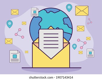 Digital marketing envelope with world and icons design, ecommerce and shopping online theme Vector illustration