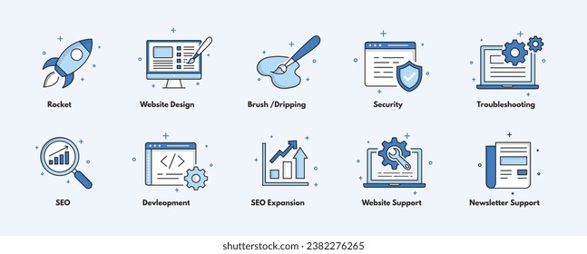 Digital Marketing Essentials, designed to represent various aspects of digital marketing and web development. Each icon serves as a visual representation of key concepts in the field.