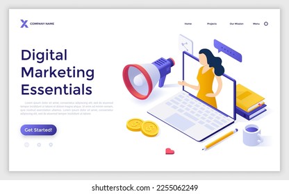 Digital Marketing Essentials isometric landing page template. Online course for advertisement specialists and entrepreneurs. Business promotion site. 3d vector illustration for apps development