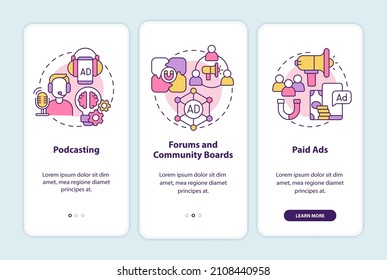 Digital marketing examples onboarding mobile app screen. Advertisement walkthrough 3 steps graphic instructions pages with linear concepts. UI, UX, GUI template. Myriad Pro-Bold, Regular fonts used