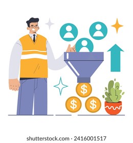 Digital marketing expert navigates Conversion Rate Optimization. Funneling user avatars into revenue, growth arrows indicate success. Business boosting strategies. Flat vector illustration