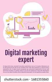 Digital marketing expert poster flat silhouette vector template. SEO analysis brochure, booklet one page concept design with cartoon characters. Internet research flyer, leaflet with text space