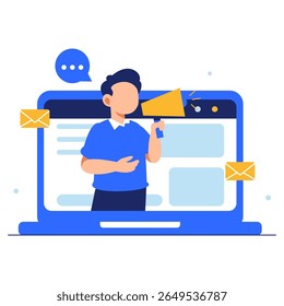 A digital marketing expert promotes creative strategies through a laptop interface, emphasizing communication, growth, and innovation.