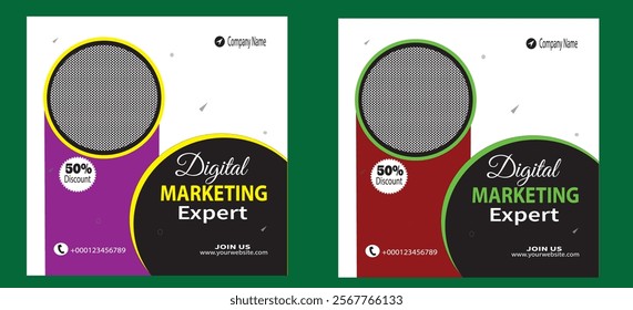 Digital Marketing Expert Social Media Post.Digital marketing web banner template.Set of Editable minimal square banner template.Suitable for social media post and web internet ads. 