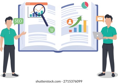 Expertos en marketing digital analizan el crecimiento del SEO y el análisis de datos en un Grande libro abierto.