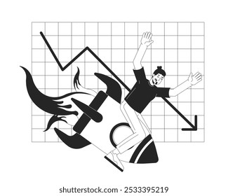 Falla de marketing digital concepto de ilustración 2D en blanco y negro. Hombre caucásico cayendo sobre el contorno del cohete personaje aislado. La peor metáfora de fracaso de la campaña de marketing en línea Arte vectorial monocromático