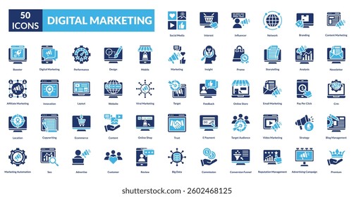 digital marketing fill icon collection set. Includes selling, trade, promotion, purchase, retail, traffic, commerce, digital, technology, network, tech, concept, content marketing