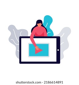 Composición plana de marketing digital con el botón de reproducción pulsando el carácter femenino en la ilustración vectorial de la pantalla del tablet