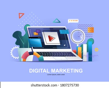 Digital marketing flat concept with gradients. Social media marketing, online consultation and strategy planning service web template. Digital marketing agency 3d composition, vector illustration.