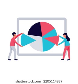 Digital marketing flat concept with two characters making business pie diagram vector illustration