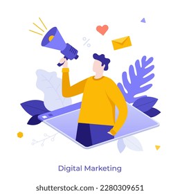 Digital Marketing flat concept vector illustration. E-commerce promotion campaign. Advertising technology character on white for web design. Creative idea for website, mobile, presentation