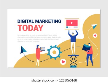 Digital marketing - flat design style colorful web banner with copy space for text. High quality illustration with male, female workers, business team with devices, images of gear, like buttons, email