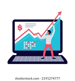 Digital marketing flat icon with character and growing financial chart vector illustration