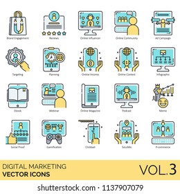 Digital marketing flat icon set. Brand engagement, reviews, influencer, community, ad campaign, targeting, planning, income, contest, infographic, ebook, webinar, magazine, podcast, meme, clickbait.