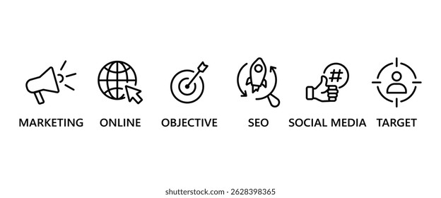 Digital marketing flat icon set. Containing marketing, online advertising, objective, seo, social media and target icons. Vector illustration in transparent background. Business icon set.
