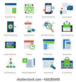 Digital marketing flat icon set with descriptions of digital banner qr code social media planning for example vector illustration