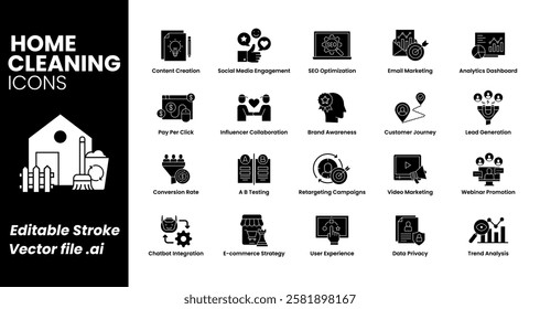 Digital Marketing Flat Icons Set. Content Creation, Social Media Engagement, SEO, Email Marketing, Analytics, Lead Generation,. Black Vector illustration.