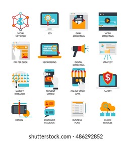 Digital marketing flat icons set with mobile and internet technologies safety system graphic design isolated vector illustration 