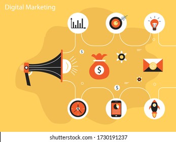Ilustración plana de marketing digital. Mano con altavoz e iconos
