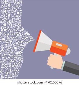 Digital marketing flat illustration. Hand holding megaphone