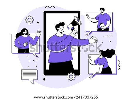 Digital marketing flat illustration vector concept, Influencer marketing, referral loyalty program, Man stand with megaphone, Refer a friend, Referral marketing, Promotion method, Marketing Strategy