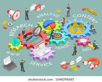 Digital marketing flat isometric vector concept. Renders DM as gears with names www, research, analysis, content, service, target, seo.