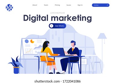 Digital marketing flat landing page design. Telemarketing operators with headsets in office scene with header. Marketing research, business analytics and social targeting. Work process situation.