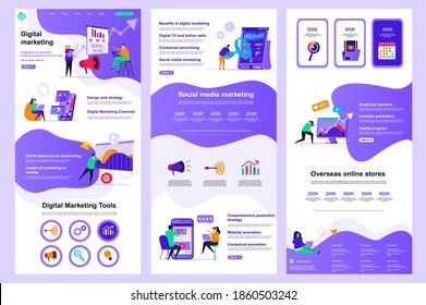 Digital Marketing flach Landing Page. Social Media Marketing, Promotion und Werbung Corporate Website Design. Web-Banner-Layout mit Header, mittleren Inhalt, Fußzeile. Vektorgrafik mit Menschen.