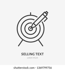 Digital marketing flat line icon. Target, aim with pen vector illustration. Thin sign of content strategy, blogging, copywriter logo.