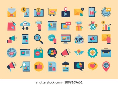 Digital marketing flat style icon group design, ecommerce and shopping online theme Vector illustration