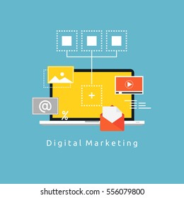 Digital marketing flat vector illustration. Online marketing, social marketing, content management, digital promotion, internet and web advertising concept for web banners and apps
