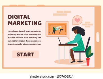 Digital Marketing Flat Vector Landing Page on Mobile Phone Screen. Cartoon Afro American Woman Working on Laptop with Open Illustration Application. Business Strategy and Planning. Creative Project