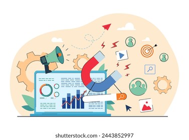 Digital marketing flow and tools vector illustration. Online promotion, marketing strategy concept. Laptop with marleting diagrams, huge magnet, loudspeaker, target, user profile