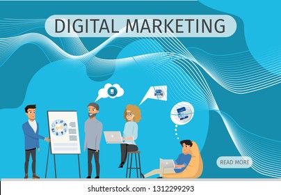 Digital Marketing Freelance Presentation Banner. Coworking Team of Character at Creative Open Area Center. Young Male Freelancer Pointing on Flip Board. Flat Cartoon Vector Illustration