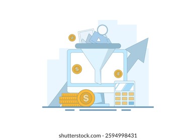 Digital marketing funnel, lead generation, Conversion optimization, Increase engagement, collect leads and improve social media online marketing strategy. Flat line vector design with icons.