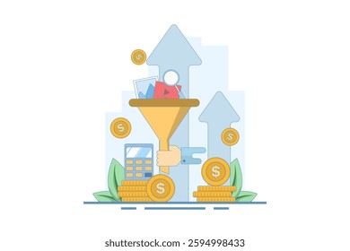 Digital marketing funnel, lead generation, Conversion optimization, Increase engagement, collect leads and improve social media online marketing strategy. Flat line vector design with icons.