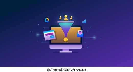Digital marketing funnel, Sales funnel, conversion optimization, marketing success - conceptual vector illustration with icons