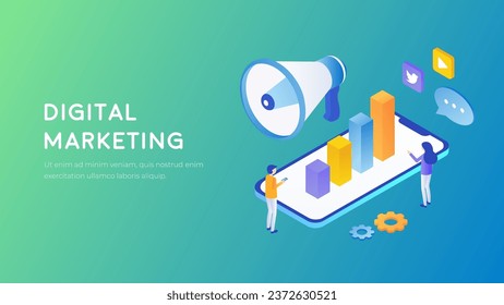 Digital marketing future concept. Social media marketing technology vector. Online digital marketing 3d isometry.