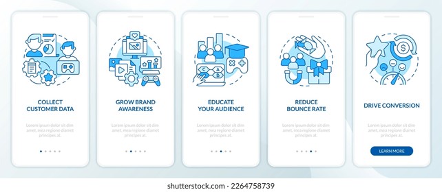 Digital marketing gamification pros blue onboarding mobile app screen. Walkthrough 5 steps editable graphic instructions with linear concepts. UI, UX, GUI template. Myriad Pro-Bold, Regular fonts used