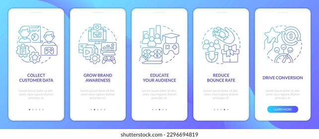 Gamificación de marketing digital pros gradiente azul en pantalla de aplicación móvil. Recorrido 5 pasos instrucciones gráficas con conceptos lineales. UI, UX, plantilla GUI. Multitud de tipos de letra Pro-Bold, con uso regular