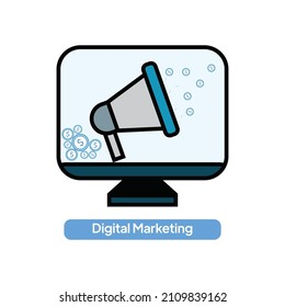 Icono de vector de representación de marketing digital, icono de altavoz y moneda.