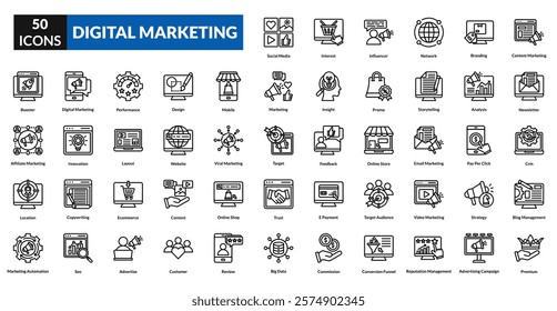 digital marketing glyph icon collection set. Includes selling, trade, promotion, purchase, retail, traffic, commerce, digital, technology, network, tech, concept