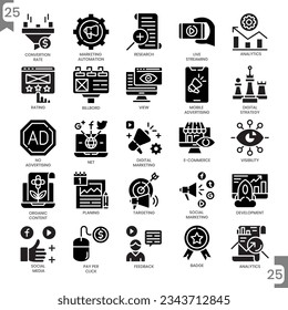 Digital marketing, glyph icon style and Pixel Perfect Icons set.