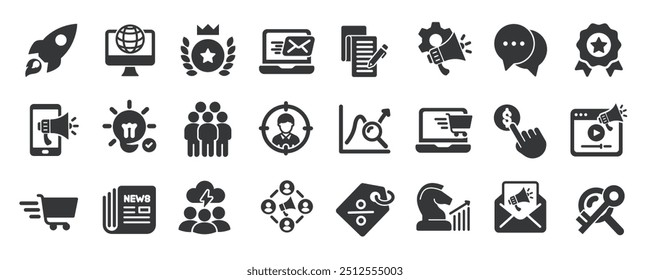 Coleção de ícones sólidos de glifo de marketing digital. Contendo negócios, comércio eletrônico, gerenciamento, rede. Ilustração de vetor de série de símbolos e ícones mínimos