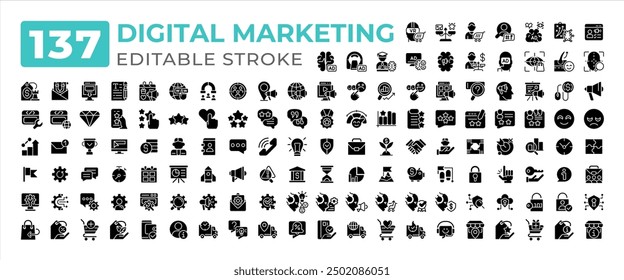 Digital marketing glyphs icons big set. Feedback customer. Cyber security, delivery. AI ecommerce shopping iconset solid signs. Silhouettes symbols. Vector isolated illustrations. Editable stroke
