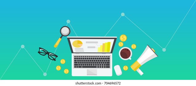 Digital marketing gradient banner. Workplace with laptop, coffee, paper, money Vector flat illustration