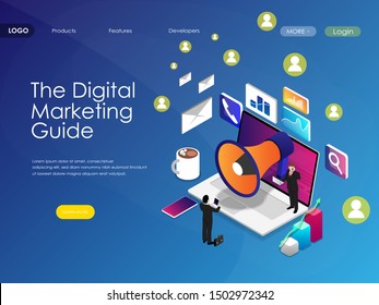 The Digital Marketing Guide Concept. Marketing Media, Social Network. Online Training Concept. User Interface Design Template With 3d Social Media Icon, Computer, And Analysis Diagram. Isometric. Vec
