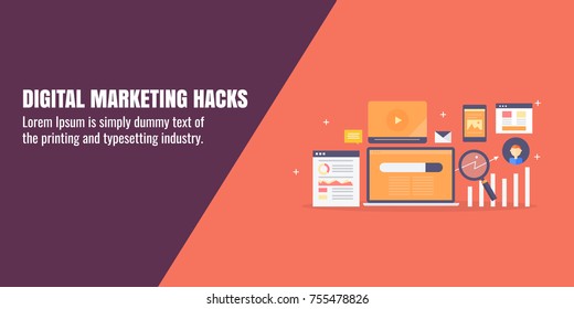 Digital Marketing Hacks, Growth Hacking, Marketing Tricks Flat Vector Banner Illustration With Icons