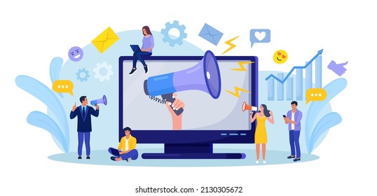 Digital marketing. Hand holding megaphone coming out from computer. Business analysis, content strategy and management. Advertising Social media campaign, communication, SEO.